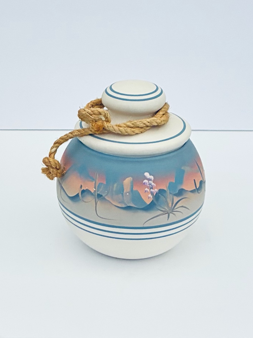 Vintage New West Pottery Hand-painted Lidded Jar Southwestern Desert Sunset 6”